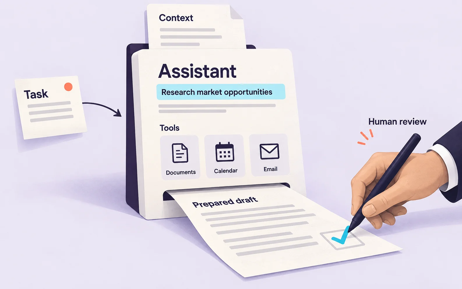 Concept illustration of an assistant using business context and tools to prepare a draft for human review