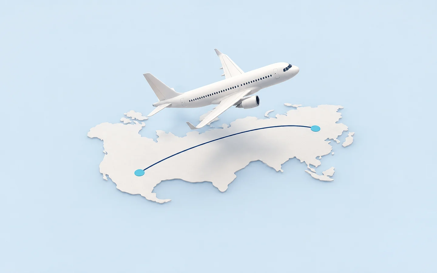 A passenger aircraft above a simplified map connecting two destinations.