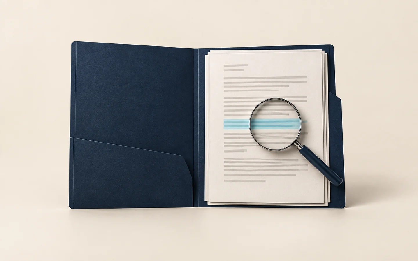A magnifying lens examines a highlighted clause in organized contract documents.