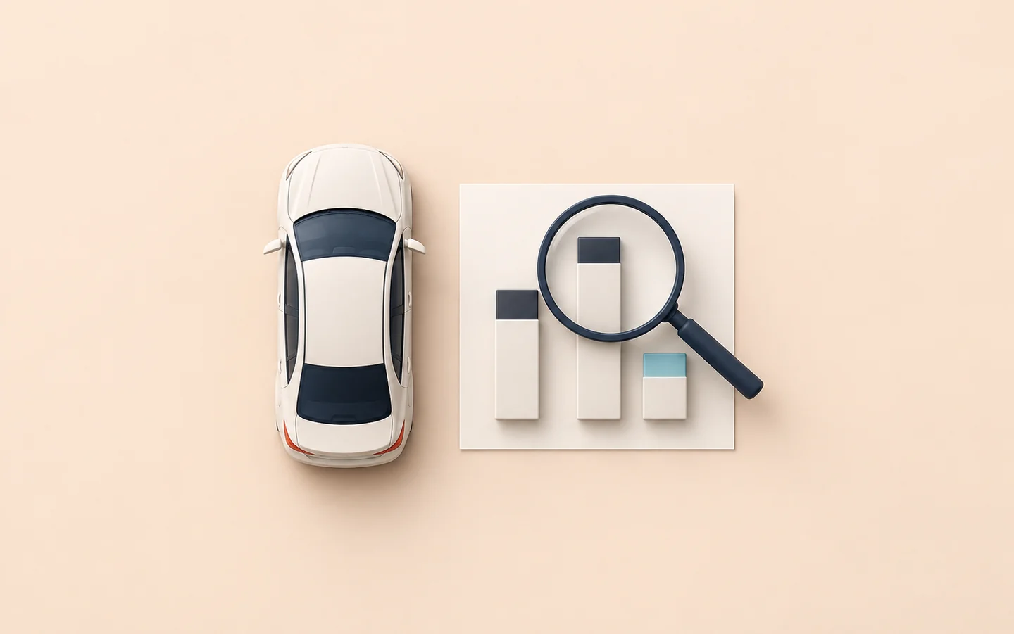 A vehicle, comparison chart, and magnifying lens represent automotive market research.