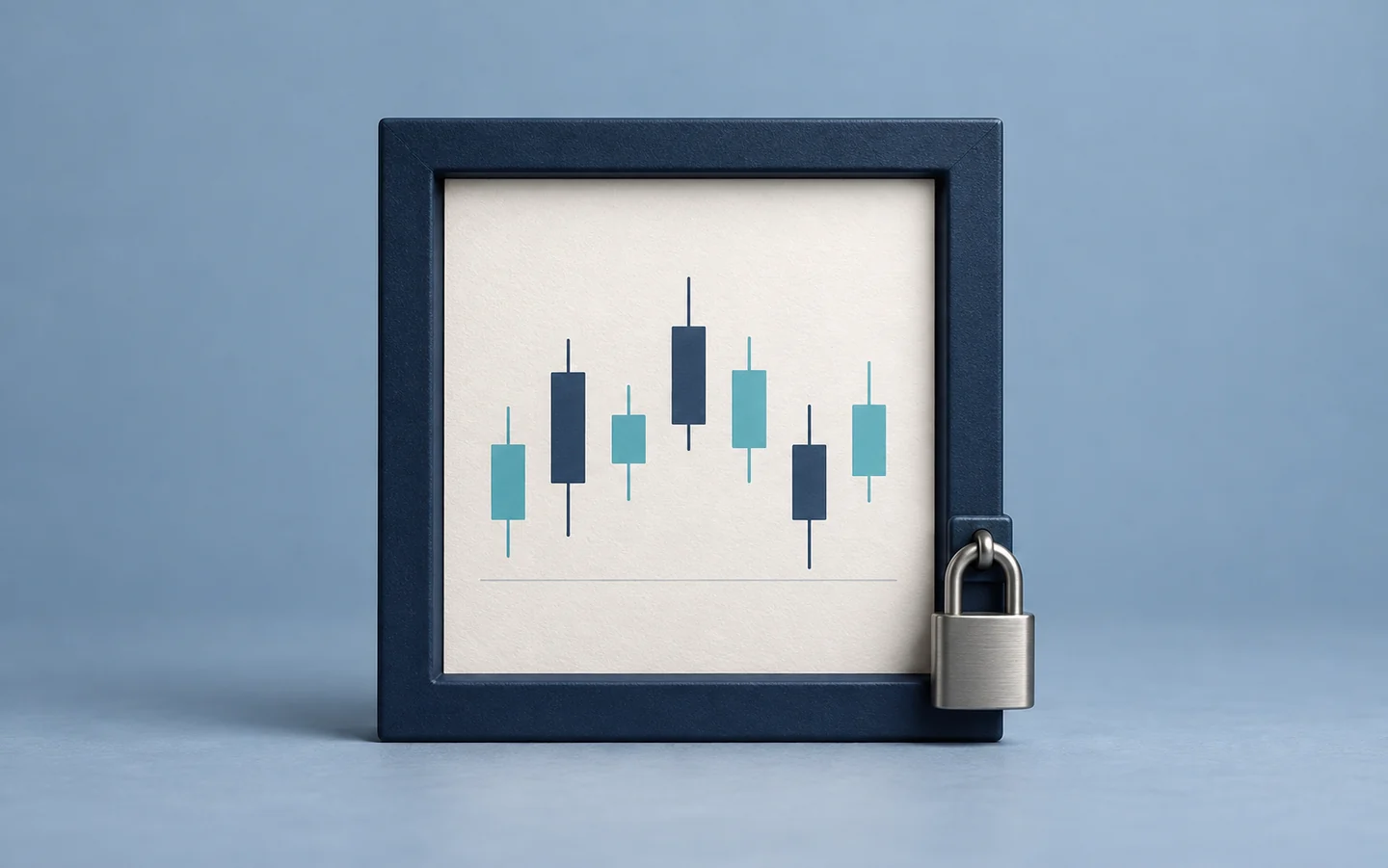 A protected financial chart and padlock illustrate controlled access to trading systems.