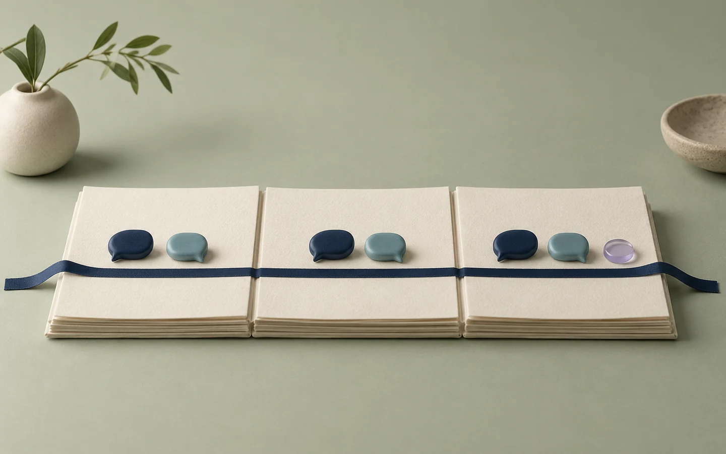 Navy and cyan conversation markers repeated across three ivory memory folios, with a small lilac mood-state cue.