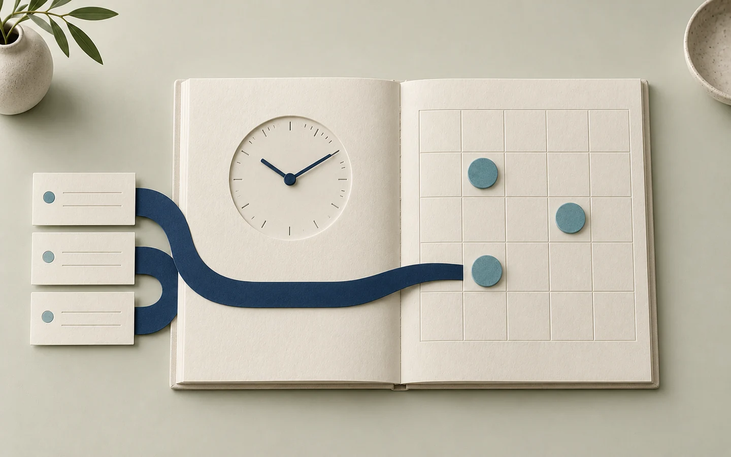 An ivory notebook, analog clock, and calendar with cyan markers and a navy ribbon connecting referral slips, illustrating healthcare scheduling.