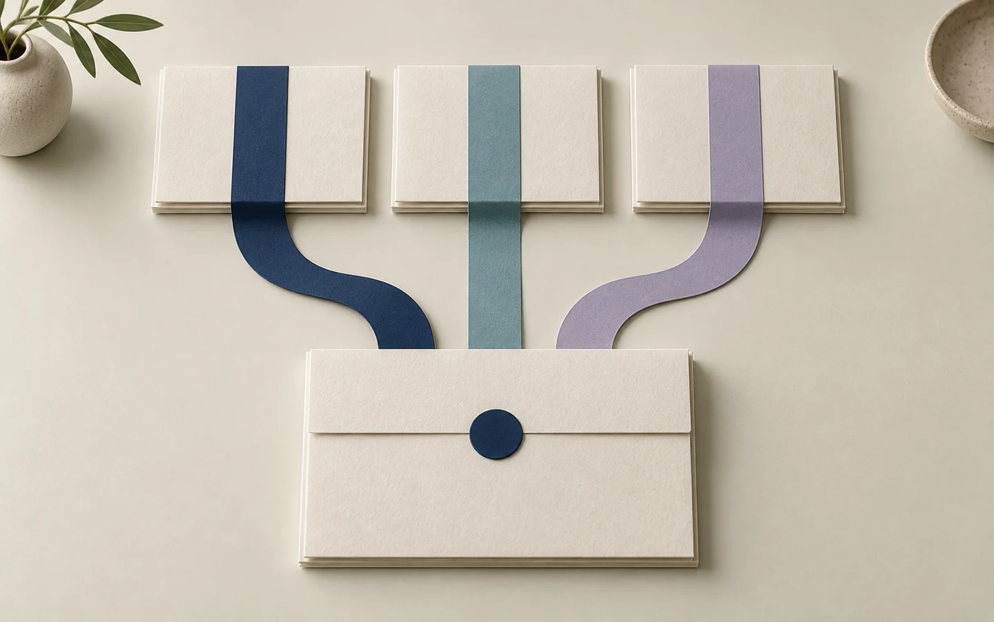 Three aligned paper folios in navy, cyan, and lilac connect to one ivory folio representing an integrated result.